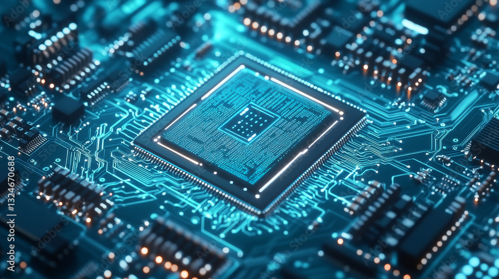 Poster ai semiconductor or chip with thin line circuit on technology background. blue green tech bg. digita