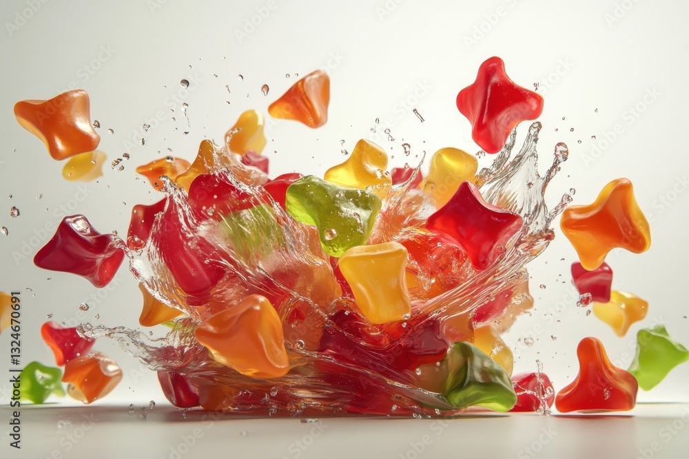 Poster colorful gummy candies collide and splash in a vibrant display of sweetness and fun, abstract gummy 