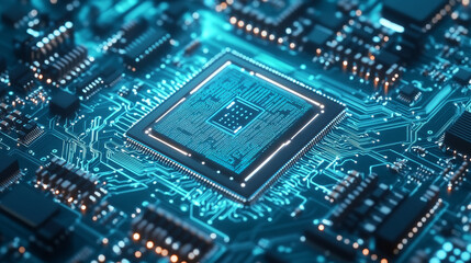 Fototapeta premium AI semiconductor or chip with thin line circuit on technology background. Blue green tech bg. Digital computer electronics concept. Artificial Intelligence banner. Futuristic vector illustration.
