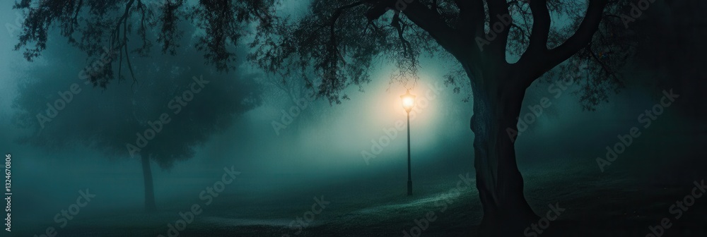 Poster misty forest ambiance with eerie fog and glowing lamp illuminating twisted trees at twilight