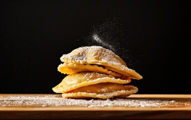Golden Brown Pastries with Powdered Sugar on Wooden Board