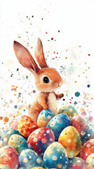 watercolor illustration of curious bunny surrounded by colorful Easter eggs