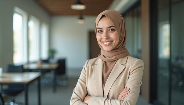 Portrait of smiling muslim businesswoman in hijab and beige jacket suit with folded arms at office. Diverse positive young female leader, professional occupation, modern corporate lifestyle. - Powered by Adobe