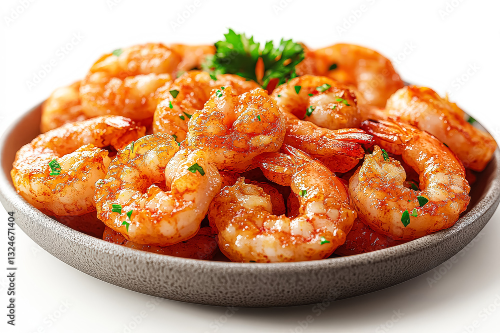 Poster plate of shrimp is covered in spices and garnished with parsley. the shrimp are arranged in a way th