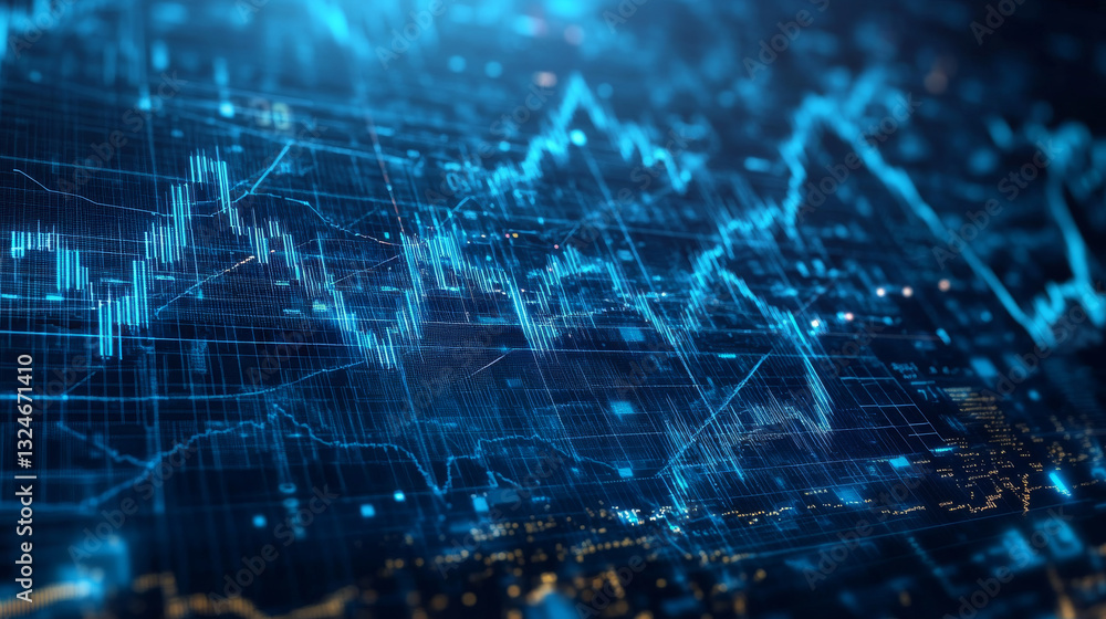 Poster digital candlestick graph chart of stock in futuristic low poly wireframe style. web banner of tradi