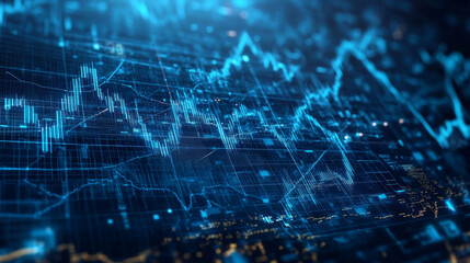 Obraz premium Digital candlestick graph chart of stock in futuristic low poly wireframe style. Web banner of trading cryptocurrency concept. Abstract market investment exchange on technological blue background.