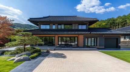 Fototapeta premium A modern home with a unique architectural roof structure