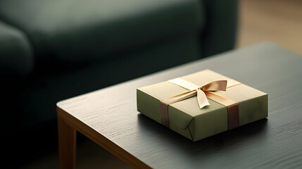 Wrapped Present On Dark Wooden Table Top Featuring Green Packaging and Gold Ribbon with Subtle Lighting in Interior Setting