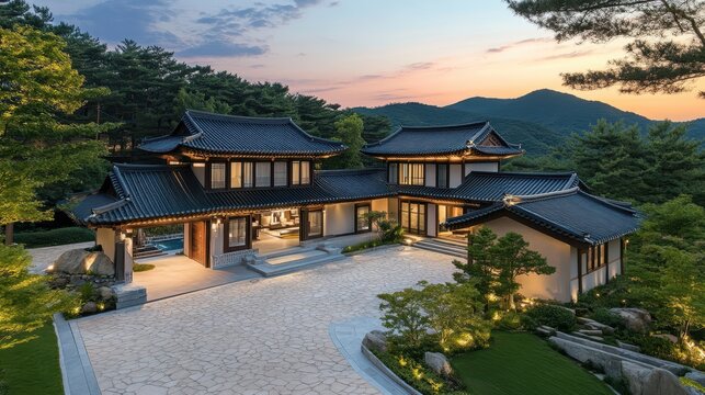 A beautiful large estate in the forest at sunset time