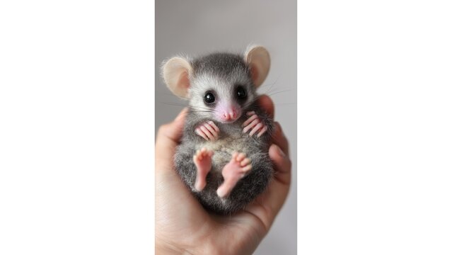 A cute baby possum being held by someone very fluffy and adorable in a photorealistic scene