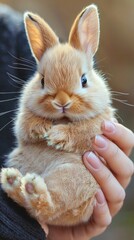 A Cute Baby Rabbit Being Held by Someone Very Fluffy and Adorable in a Photorealistic Scene
