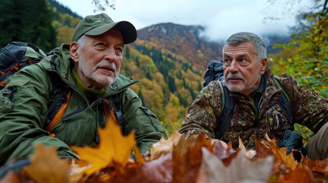 Discover the joy of aging with this inspiring image featuring elderly friends hiking on a scenic mountain trail Capture the essence of active seniors enjoying fresh air and meaningful conversations