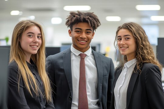 three young people standing together smiling.