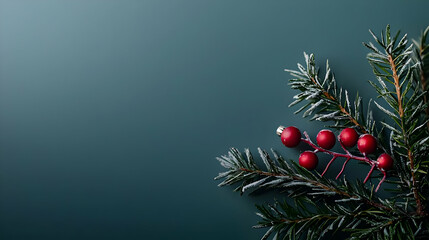 Dark Teal Green Christmas Background With Frosted Pine Branches and Red Berries on One Side