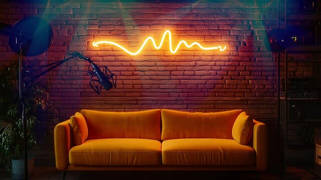 Yellow couch in a podcast studio with a neon sound wave sign on a brick wall, Seamless looping time lapse animation video background, lo-fi art.
