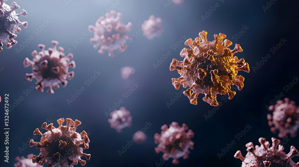 Aufkleber 3d render of multiple virus particles against a dark blue background depicting microscopic view of c