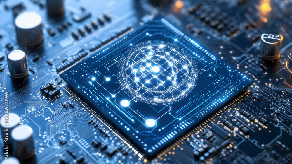 Fototapete ai chip and abstract digital atom icon on technology background. science tech bg. circuit light line