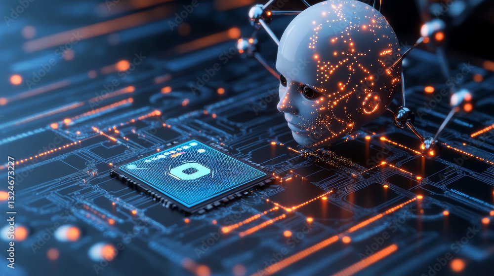 Fototapete ai chip and abstract digital atom icon on technology background. science tech bg. circuit light line