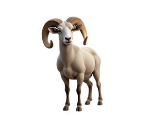  a light-colored ram with large, curved horns, standing in a front-facing pose against a white background. 