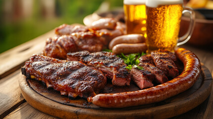 Nighttime Barbecue with Beer and Grilled Ribs