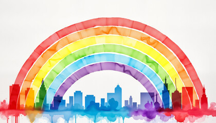 Rainbow over city skyline watercolor painting, symbolizing LGBTQ pride, for promotions during Pride Month