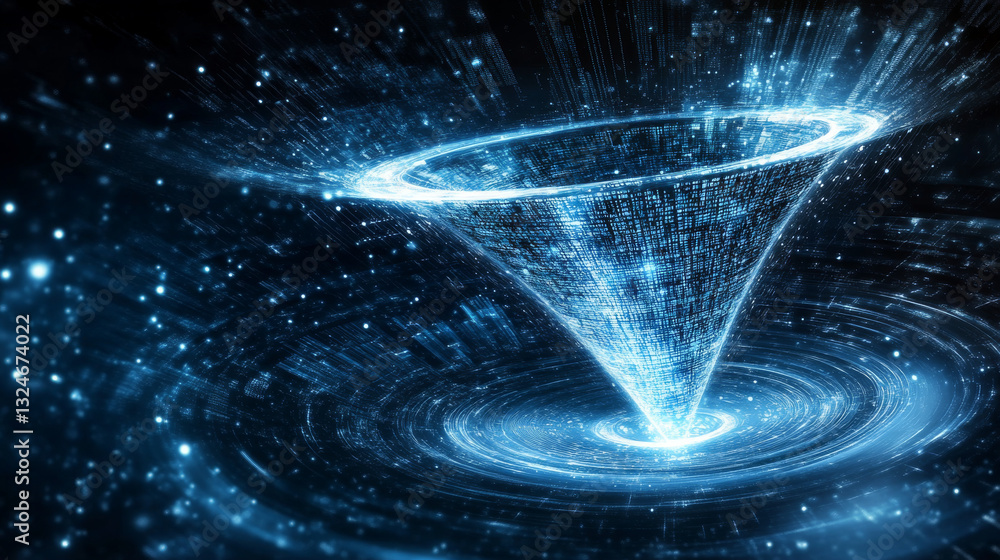 Poster abstract funnel with data flow and globe earth on dark blue technology background. global network me