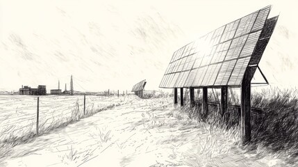 Fototapeta premium Sketch of a solar power plant. It's drawn like an old engraving. 
