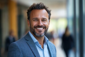 Fototapeta premium Smiling man in blue shirt and jacket looks at the camera. Happy face with a beard in a bright open modern space.