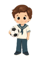 Niño de comunión con traje de marinero y balón de fútbol ilustración alegre