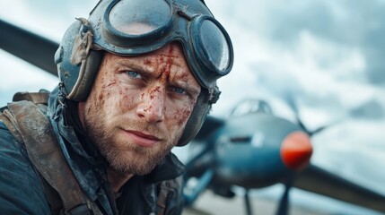 An intense pilot with a focused expression, bloodied yet resolute, stands in front of a vintage aircraft conveying themes of struggle and human spirit during wartime.