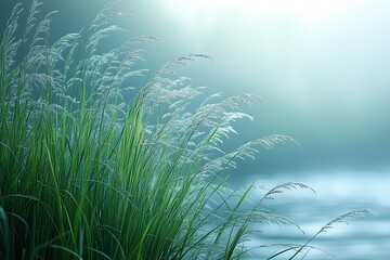 Green grass growing by the river on a foggy morning