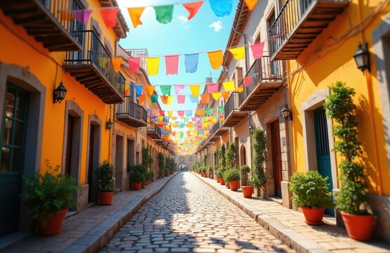Festive street view with many-coloured paper banners, old buildings, cobblestones. Vibrant architecture radiates charm. Traditional culture, town, historic ambience. Colonial landmark in Latin