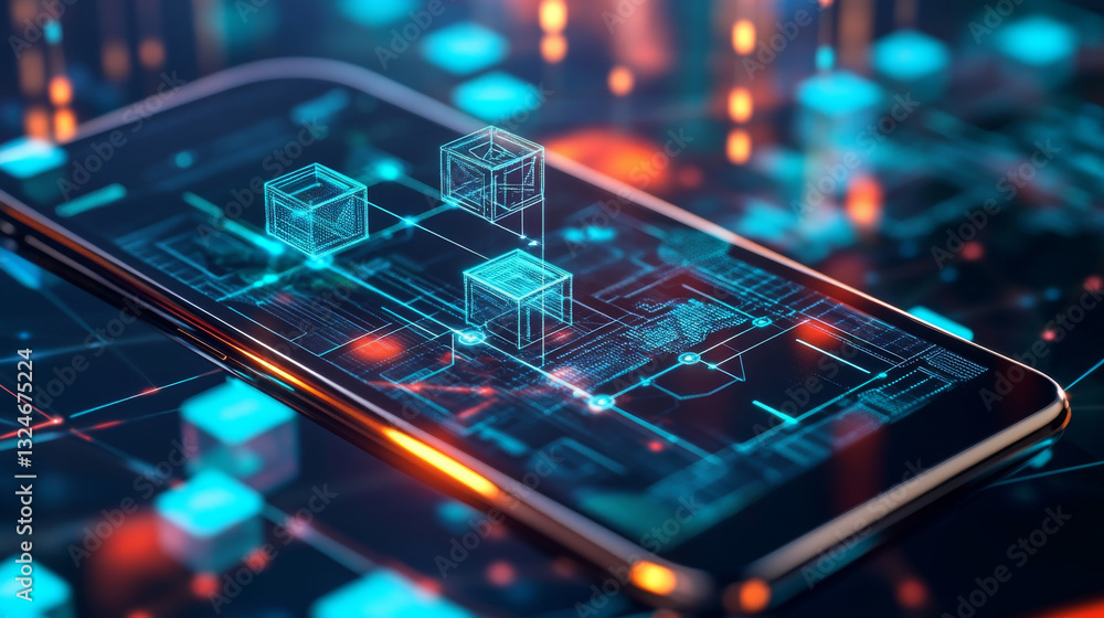Poster blockchain digital technology. abstract linked 3d blocks on technology blue smartphone background. f