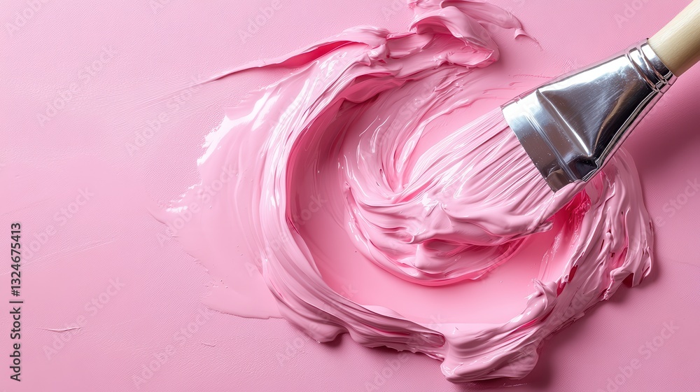 Poster an artistic close-up of a brush dipped in pink paint, creating a textured pattern on a smooth surfac