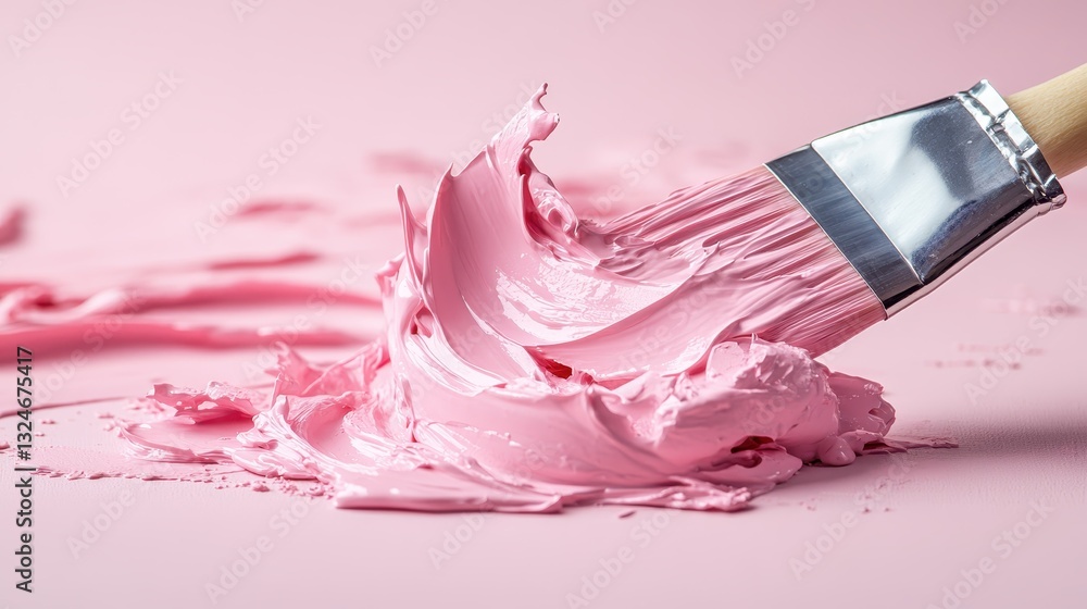 Poster a detailed close-up showing a brush loaded with pink paint creating artistic strokes on a smooth pin