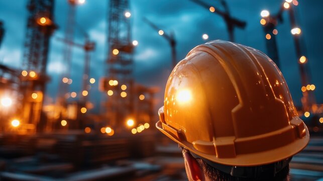 A silhouette of a construction worker wearing a safety helmet at a busy urban development site, representing dedication, hard work, and the transformation of city landscapes.