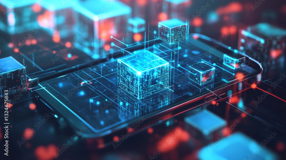 Poster blockchain digital technology. abstract linked 3d blocks on technology blue smartphone background. f