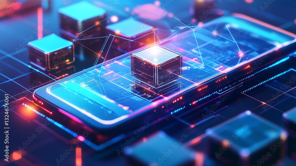 Poster blockchain digital technology. abstract linked 3d blocks on technology blue smartphone background. f