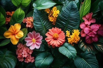 A vibrant arrangement of tropical flowers and lush green leaves.