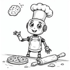 Cartoon Robot Chef with Pizza – Printable Coloring Book