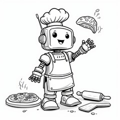cartoon chef with pizza Friendly Robot Baking Pizza – Coloring Page for Children