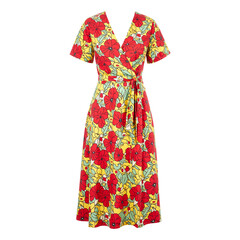 Vibrant floral wrap dress with red yellow and green hues Deep V neck and short sleeves for a flattering style statement