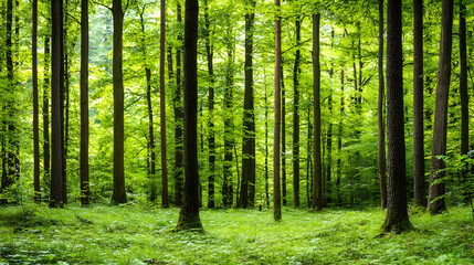 Obraz premium Lush Green Forest Canopy With Tall Trees And Sunlight Through The Leaves