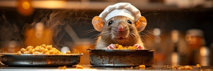 A domestic rat in a chef's hat cooks food in a large pot in a kitchen setting with high quality ingredients and utensils