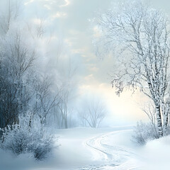 Obraz premium Peaceful winter landscape with snow-covered trees on either side of a serene path illuminated by soft sunlight in a tranquil setting