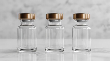 Three Empty Transparent Glass Medical Vials With Gold Aluminum Caps, Isolated on White Background.