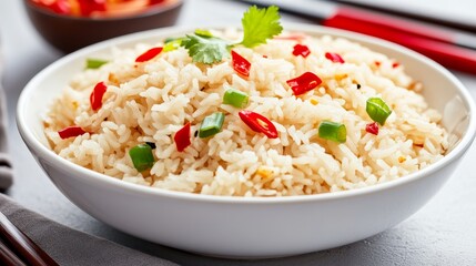 Freshly prepared bowl of vibrant rice garnished with colorful peppers and herbs