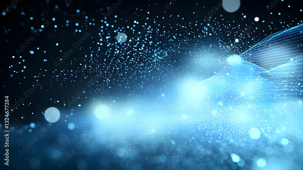 Poster abstract blue particles background with light bokeh and glowing digital wave on dark backdrop futuri