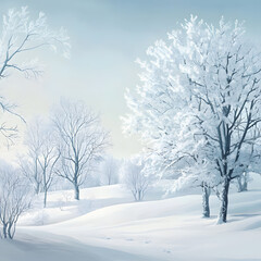 Peaceful winter landscape with snow-covered trees on either side of a serene path illuminated by soft sunlight in a tranquil setting