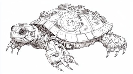 Fototapeta premium Turtle designed in Steampunk style. The mechanical animal can be colored. It's a vector illustration from a coloring book 